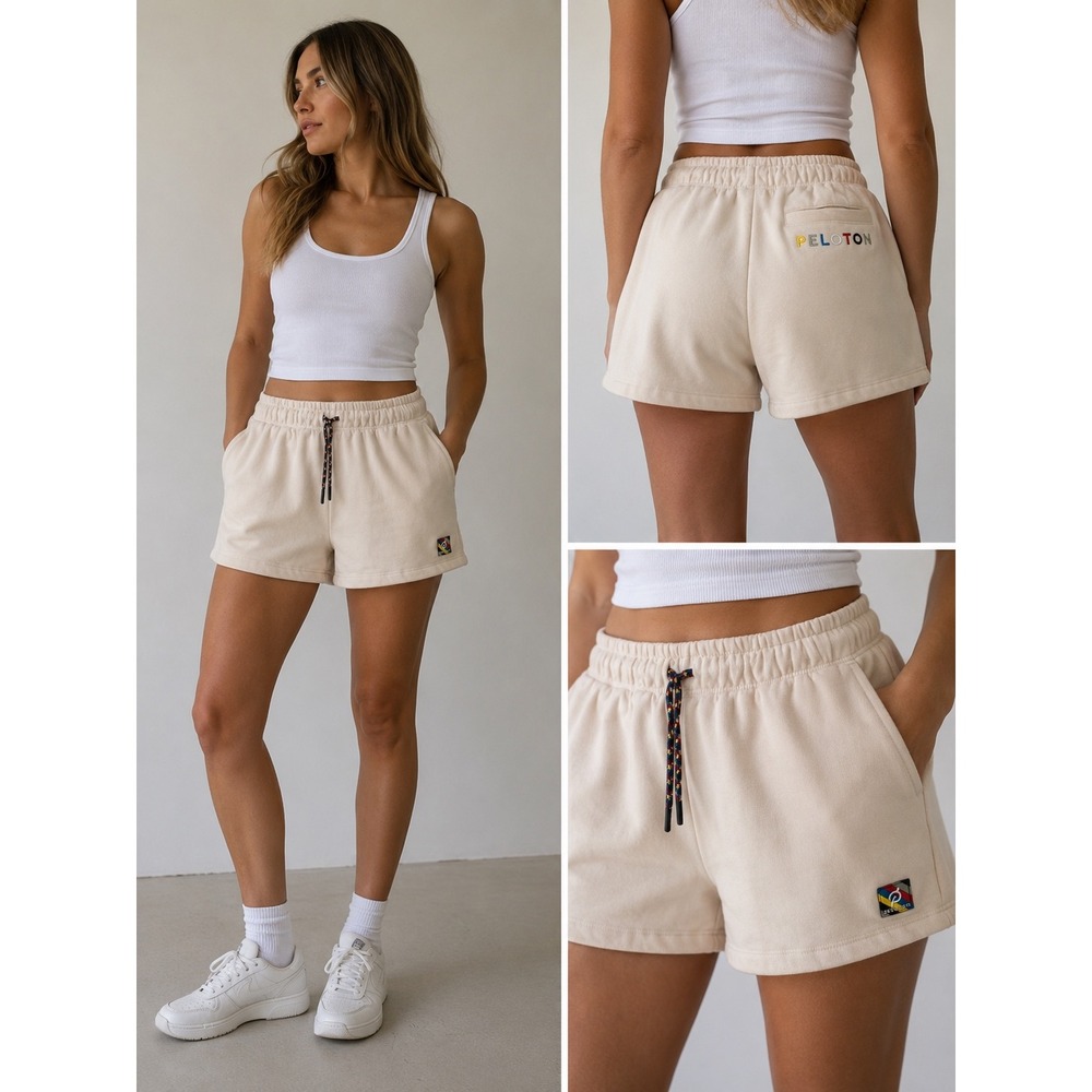 Peloton Womens Cream French Terry Sweat Shorts Small‎ High Rise Drawstring Logo
